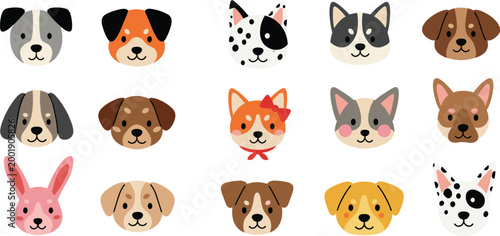 Cute cartoon dog faces collection with different breeds and expressions, simple puppy head icons set, adorable pet vector illustration isolated on white background
