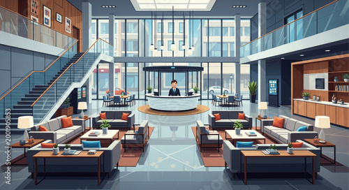 Modern Hotel Lobby Interior with Lounge Seating and Reception Area.