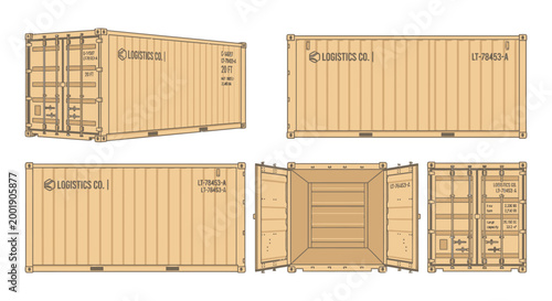 Shipping container 3D render with open doors and technical specifications