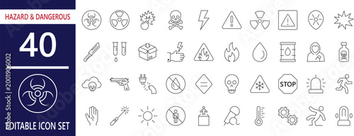 Hazard and  Dangerous editable line Icon Set .  for warning, explosion, security, radiation, chemical , risk, and safety compliance for apps.