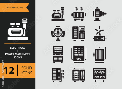 power generation machines glyph icons for electrical industry systems