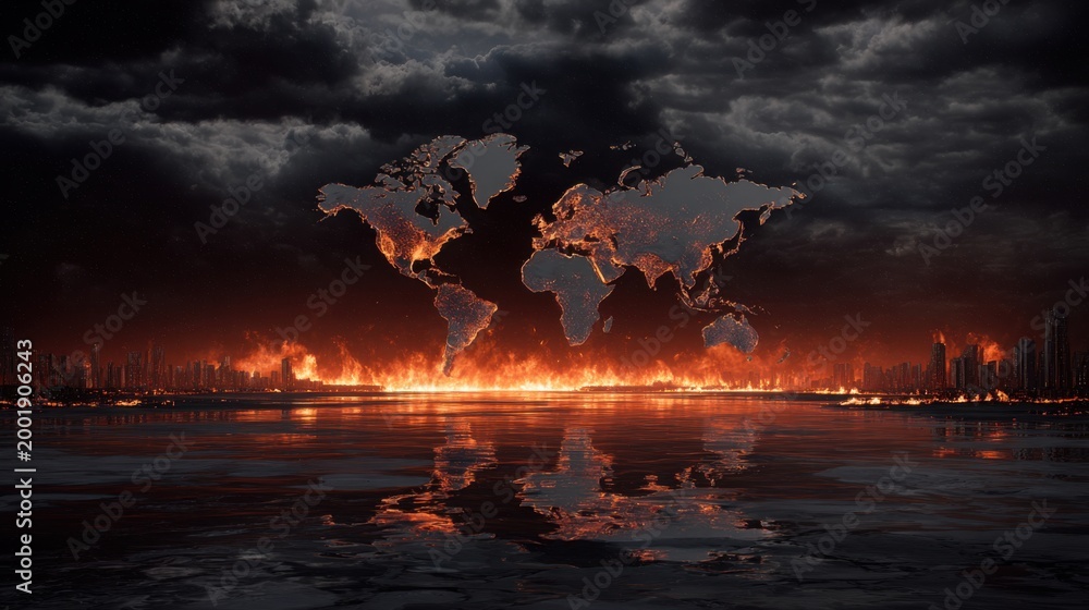 Fototapeta premium Dramatic World Map with Flames and Dark Stormy Sky