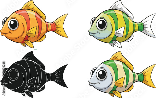 Cute cartoon fish collection with colorful and silhouette styles, tropical aquarium fish set, detailed vector illustration isolated on white background