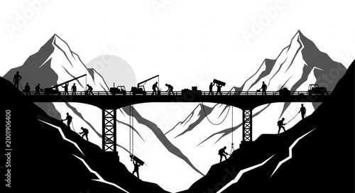 Mountain Bridge Construction Scene with Cranes and Mountains.