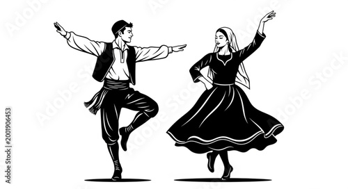 Traditional Dancing Couple Performing Folk Dance Art.