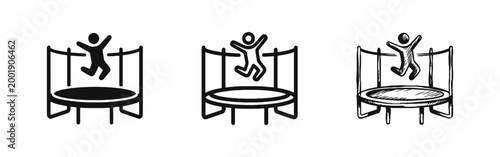 Person Jumping on Trampoline with Safety Net Icon Set for Sport and Leisure