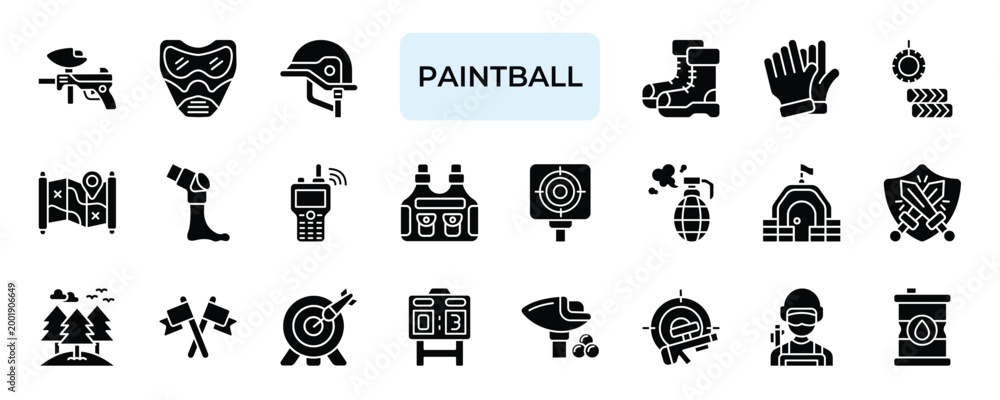 Fototapeta premium Paintball Icon set Collection in Glyph Two Color Style marker, goggle, helmet, boot, glove.