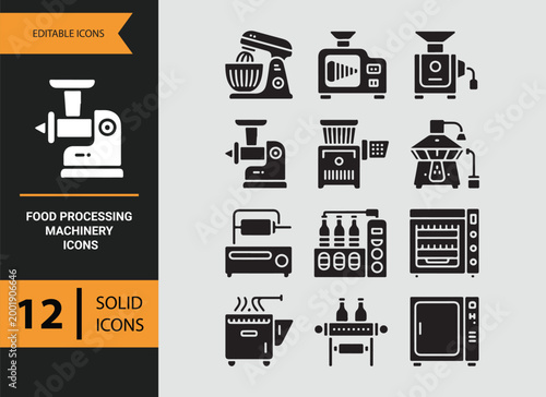 food factory machines glyph icons for processing production equipment