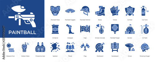 Paintball Icon set Collection in Solid Glyph Style marker, goggle, helmet, boot, glove.