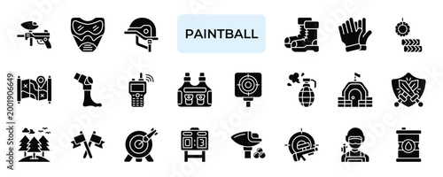 Paintball Icon set Collection in Glyph Two Color Style marker, goggle, helmet, boot, glove.