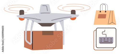 Online shopping, delivery services, e-commerce, logistics technology, courier service, and automation industry. quadcopter carrying a package with shopping bag and device icons. Online shopping