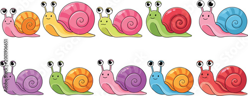Cute colorful snail characters collection with different shell patterns, cartoon garden animals set, adorable vector illustration isolated on white background