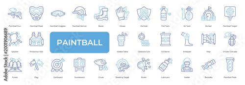 Paintball Icon set Collection in Line Two Color Style marker, goggle, helmet, boot, glove.