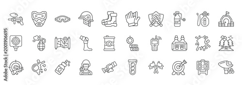 Paintball Icon set Collection in Line Style marker, goggle, helmet, boot, glove.