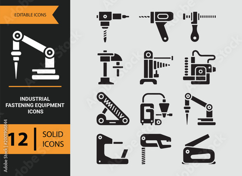 industrial fastening systems glyph icons for manufacturing equipment