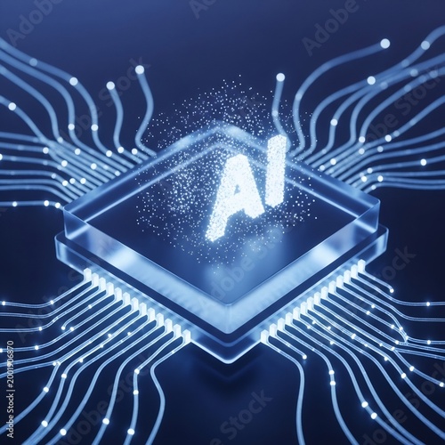 Futuristic glowing microchip at the heart of advanced artificial intelligence processing vast data networks