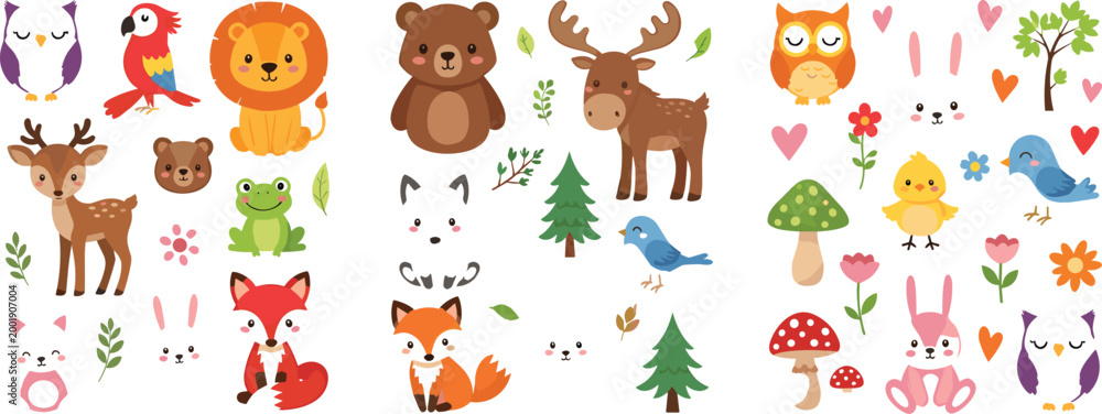 Fototapeta premium Cute forest animals and nature elements collection with fox, deer, bear, owl and rabbit, woodland cartoon characters set, vector illustration isolated on white background