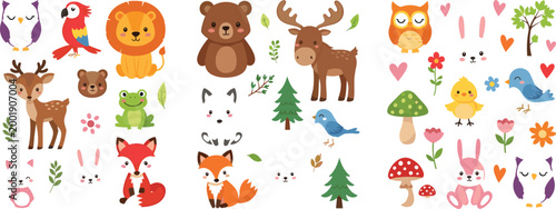 Cute forest animals and nature elements collection with fox, deer, bear, owl and rabbit, woodland cartoon characters set, vector illustration isolated on white background