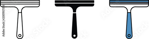 Window squeegee glass cleaner vector icon set featuring cleaning service and household chore tools in colorful flat and black silhouette styles isolated on white.