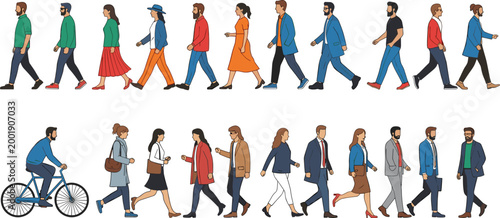 Diverse Group of People Walking, Cycling, and Commuting in Casual and Business Outfits for Lifestyle, Urban Design, and City Illustrations