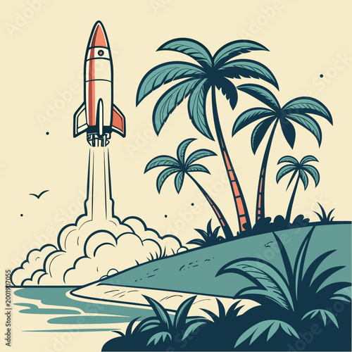 Retro cartoon illustration of a rocket launching from a tropical beach island surrounded by lush palm trees and ocean water blasting into a clear sky flat design science fiction blast off