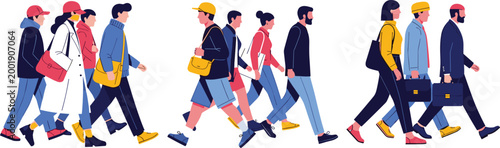 Diverse People Walking Illustration Set Featuring Casual, Sporty, and Business Attire for Fashion, Urban, and Professional Designs