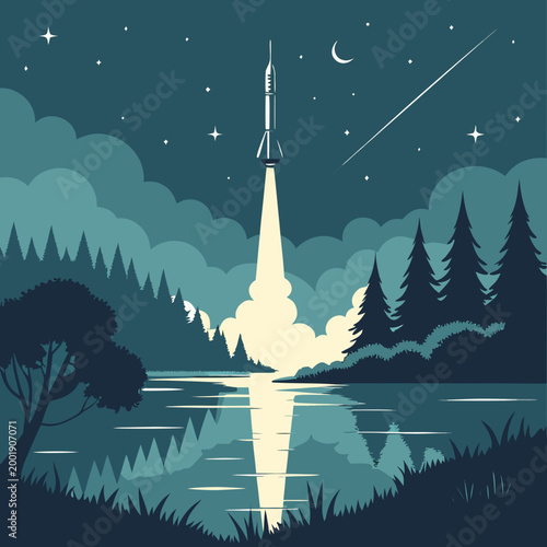 Mystical retro illustration of a sleek rocket launching into the night sky over a serene lake, reflecting its powerful exhaust plume amidst a dense forest and twinkling stars with a crescent moon