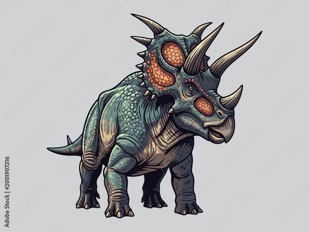 Fototapeta premium Triceratops Dinosaur Illustration with Spiky Crest and Horns in Comic Style