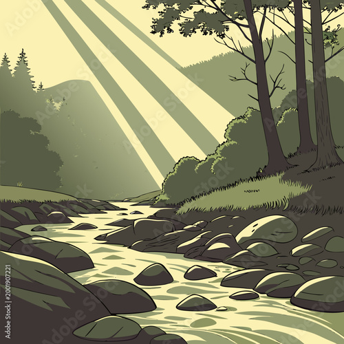 Sunlight beaming through forest trees onto a rocky stream with flowing water and green foliage sun rays light beams golden hour sunlight landscape tranquil peaceful enchanting wilderness