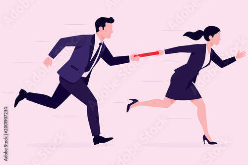 Business professionals completing a relay race symbolizing teamwork and efficient handover