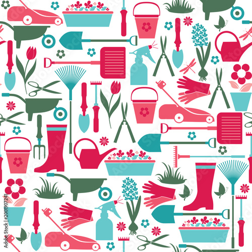 Artistic hand drawn garden elements including wheelbarrow pots and pruning shears vector