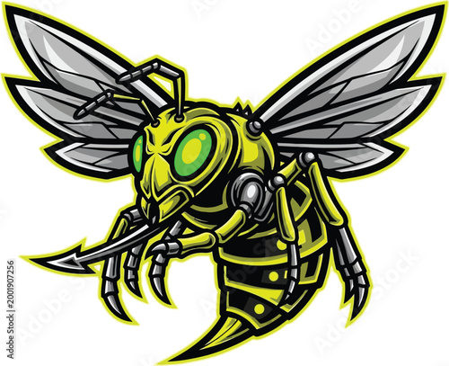 Wasp warrior displays a mechanical aesthetic with sharp stinger and vibrant yellow highlights on wings.