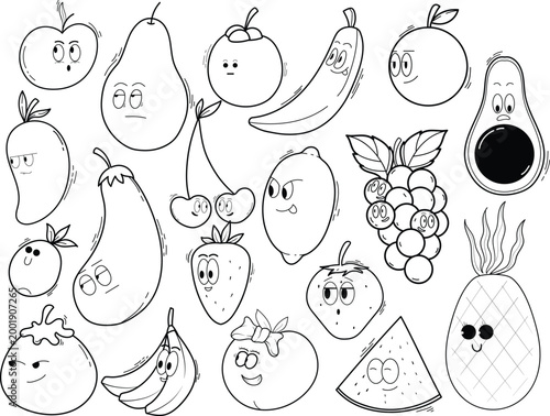 Artistic fruit icon set for vegan menu and summer juice packaging vector