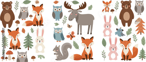 Cute forest animals collection with fox, bear, owl, rabbit and moose, woodland nature cartoon characters set with leaves and plants vector illustration isolated on white background