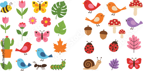 Cute garden and forest elements collection with birds, butterflies, flowers, leaves and insects, colorful nature cartoon vector illustration isolated on white background