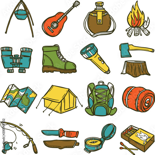 Camping gear icons set including boots water bottle and pot for trekking vector