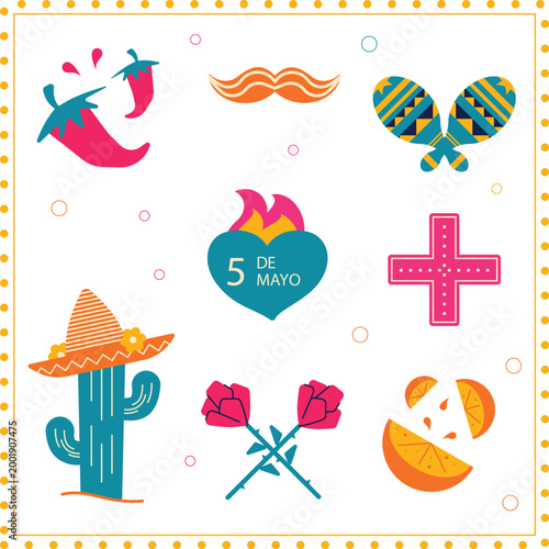 Cinco de mayo icon set with chili pepper maracas and cactus elements vector