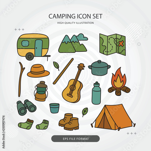 Camping icon set with tent trailer and mountain for outdoor adventure design vector