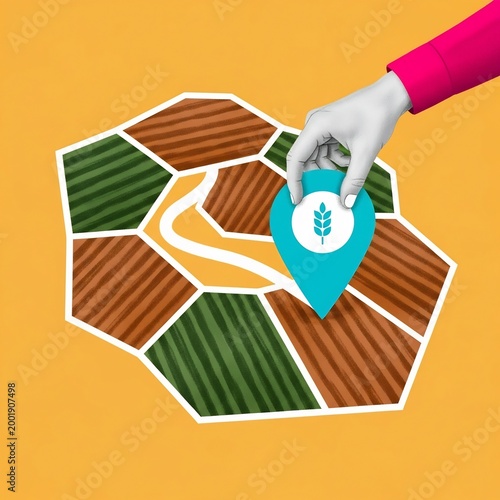 Innovative agricultural mapping A human hand places a precise location pin with a wheat icon over a diverse farmland illustration, symbolizing modern food production and sustainable farming