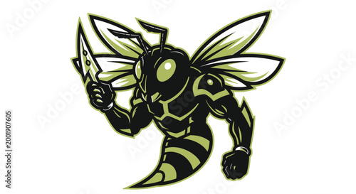 Wasp mascot features a stylized insect holding a sharp blade with bold black and olive green outlines.