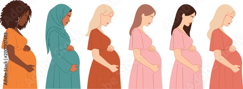Diverse Pregnant Women Collection in Various Poses and Outfits for Maternity, Pregnancy, and Motherhood Designs