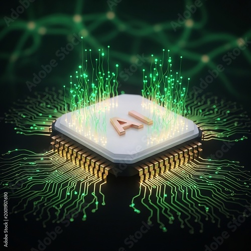 Advanced Artificial Intelligence Processing on a Futuristic Computer Chip with Glowing Neural Network Connections