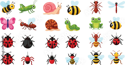 Cute insects and bugs collection with bees, ladybugs, ants, caterpillar, butterfly and snail, colorful cartoon garden animals vector illustration isolated on white background