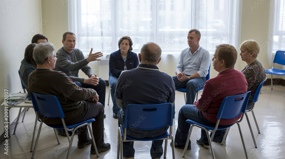Obraz premium Diverse group adults engage in open discussion during support group meeting in bright room, sharing experiences and offering mutual encouragement, fostering sense community and understanding.