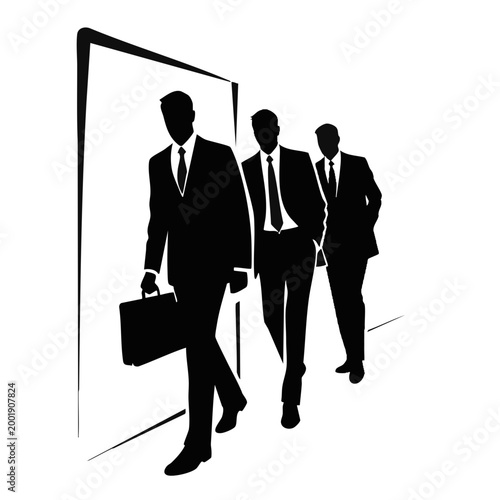 Businessmen walking through doorway silhouette vector illustration. Corporate entry and new opportunity concept. Minimalist design isolated on transparent background