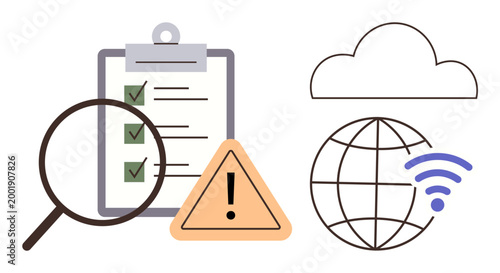 Data security, internet safety, online verification, cloud technology, cybersecurity, global communication. Checklist with magnifying glass, warning triangle globe and cloud. Data security
