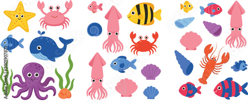 Cute ocean animals and sea elements collection with fish, squid, octopus, crab and shells, colorful marine cartoon vector illustration isolated on white background