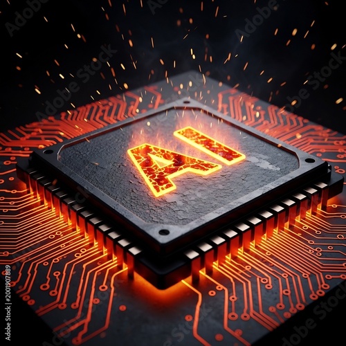 Glowing AI chip with intricate circuits and sparks, representing artificial intelligence and advanced technology
