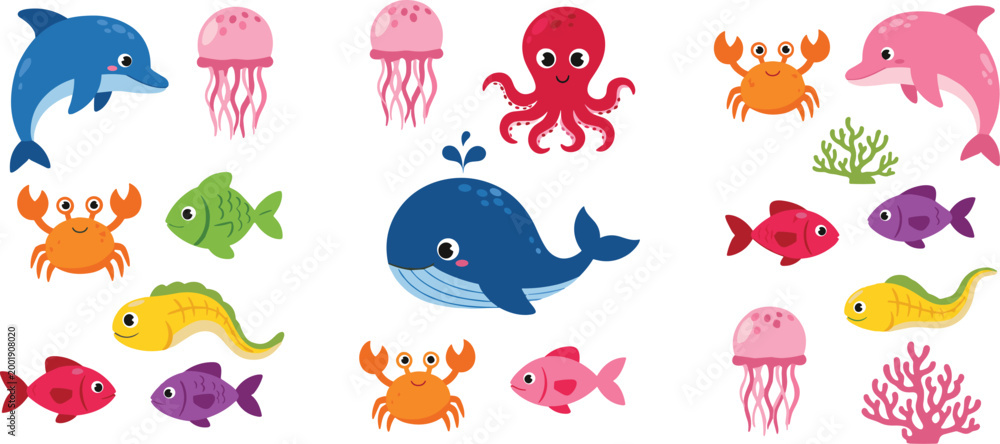 Obraz premium Cute ocean animals collection with dolphin, whale, octopus, fish, jellyfish and crab, colorful marine life cartoon vector illustration isolated on white background