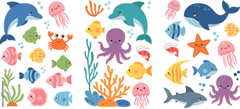 Obraz premium Cute ocean animals collection with dolphin, whale, octopus, fish, jellyfish and crab, colorful marine life cartoon vector illustration isolated on white background